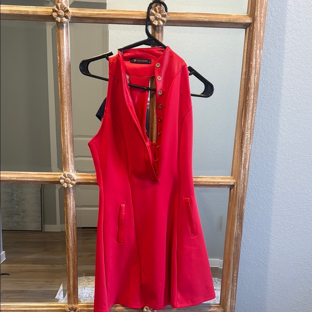 Red Sleeveless Dress with Button Details